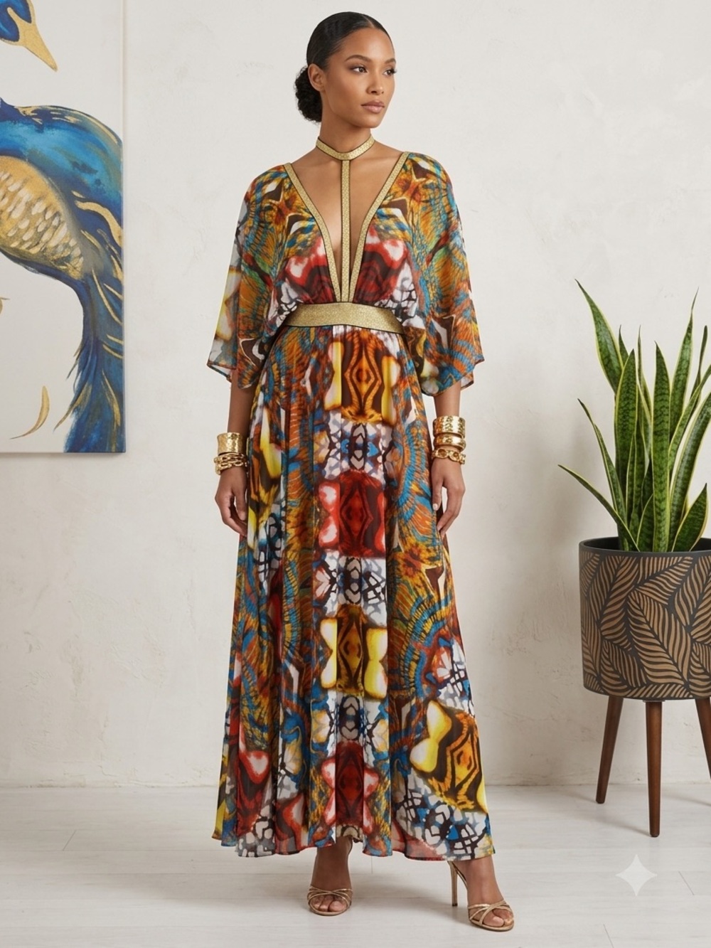 Jasmine Sportswear Maxi Dress Multi-Color Boho Geometric Deep V-Neck Choker Trim